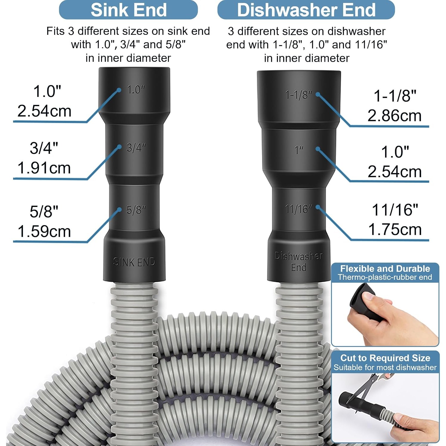 2m Universal Dishwasher Drain Hose Kit with Steel Clamps, detail view
